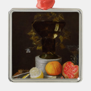A Still Life with a Glass and Fruit on a Ledge Metal Tree Decoration
