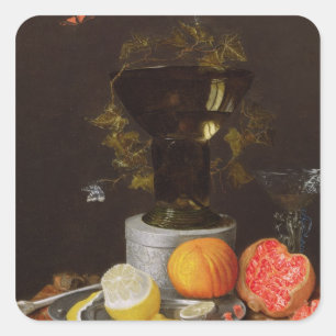 A Still Life with a Glass and Fruit on a Ledge Square Sticker