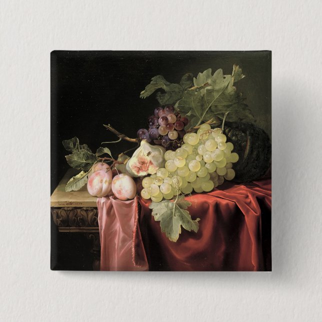 A still life with grapes, plums 15 cm square badge (Front)
