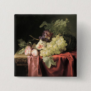 A still life with grapes, plums 15 cm square badge