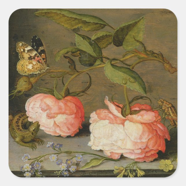 A Still Life with Roses on a Ledge Square Sticker (Front)
