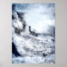 A stormy ocean surrounds a lighthouse Landscape