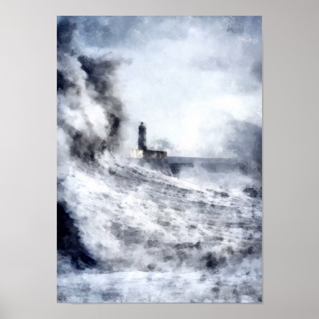A stormy ocean surrounds a lighthouse Landscape Poster (Front)