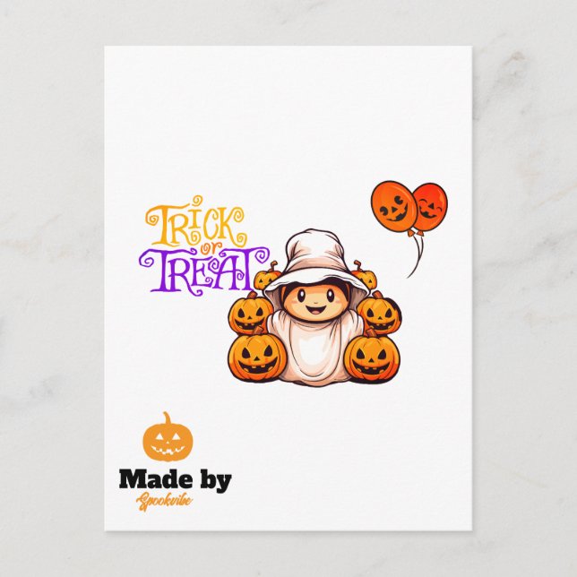A straw man with a pumpkin smiling in horror postcard (Front)