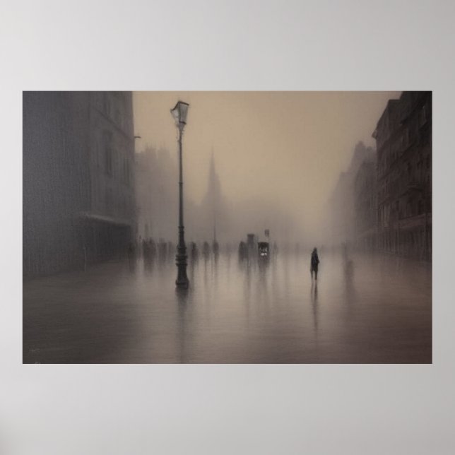 A street in Paris fog winter rain lamps  Poster (Front)