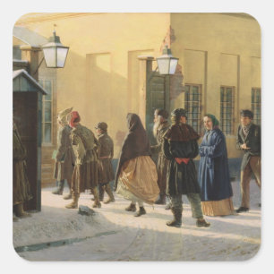 A street scene, outside a prison, 1868 square sticker