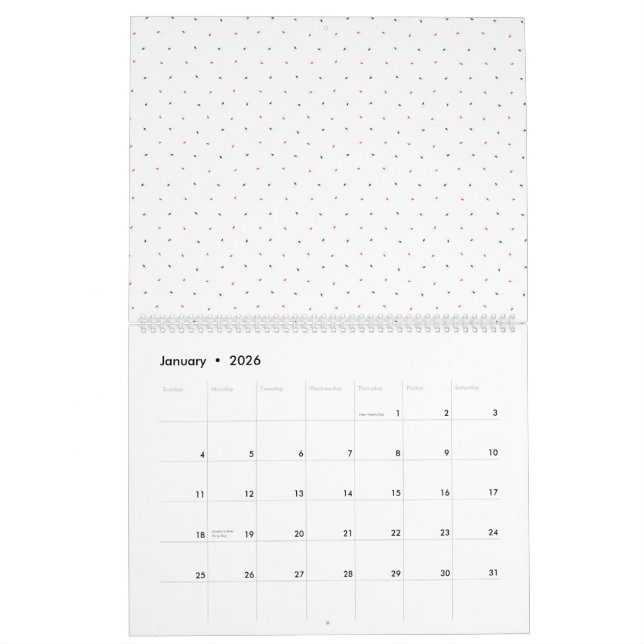 A striking blue and pink floral motif contrasted a calendar (Jan 2026)