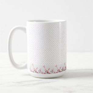 A striking blue and pink floral motif contrasted a coffee mug
