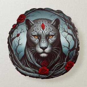 A striking illustration of a panther round cushion