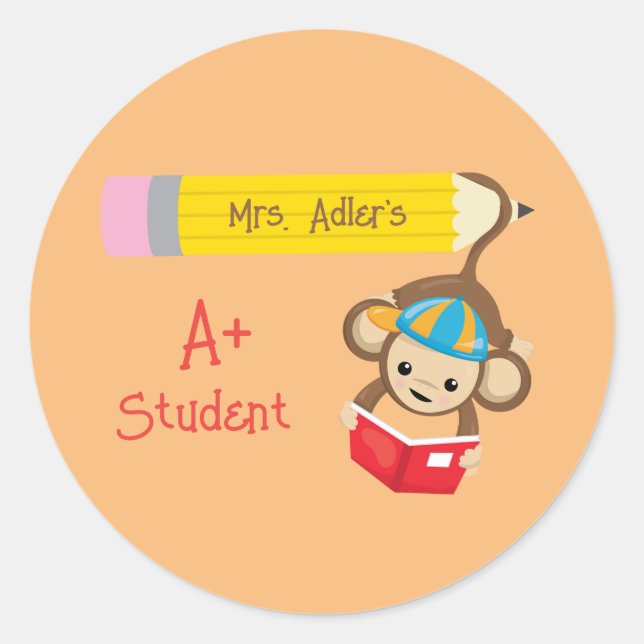 A+ Student Customisable Monkey Reading Book Classic Round Sticker (Front)