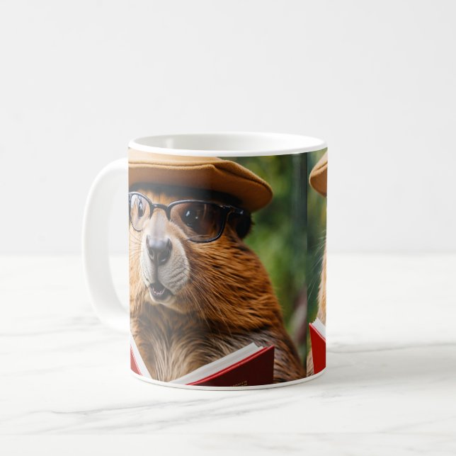 A studious beaver, wearing oversized glasses coffee mug (Front Left)