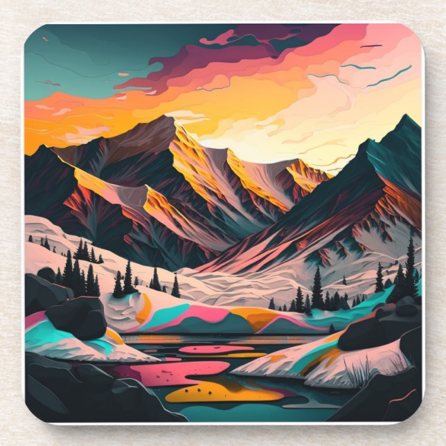  A stunning sunset over colourful snowy mountains. Coaster (Front)