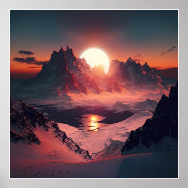 A stunning sunset over colourful snowy mountains. poster (Front)