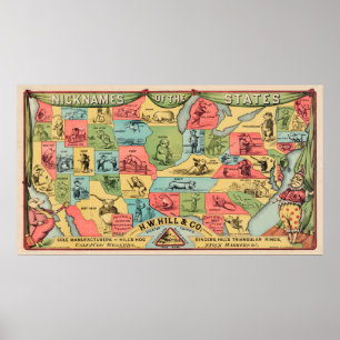 A Stylised Map Of The United States With Nicknames Poster