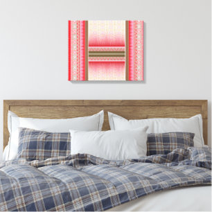 A stylish rug in red and pink, adorned with a bold canvas print