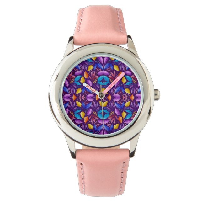 A stylish watch with a vibrant purple and floral (Front)