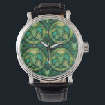 A stylish wristwatch with a round face<br><div class="desc">A stylish wristwatch with a round face featuring a vibrant green and yellow tropical leaf design. It has a silver case and a black leather strap.</div>