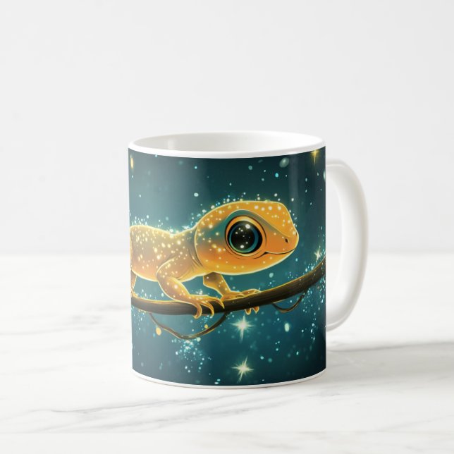 A stylized and luminous gecko, creatively designed coffee mug (Front Right)