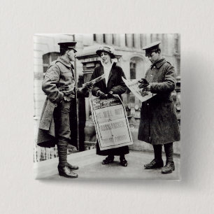 A Suffragette selling newspapers to two 15 Cm Square Badge
