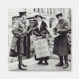 A Suffragette selling newspapers to two Magnet