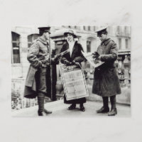 A Suffragette selling newspapers to two