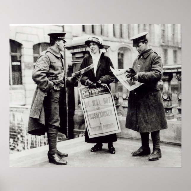 A Suffragette selling newspapers to two Poster (Front)