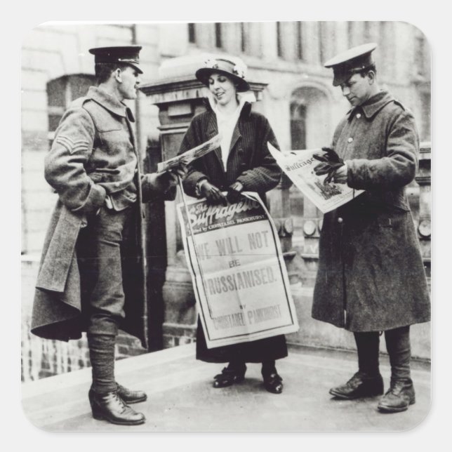 A Suffragette selling newspapers to two Square Sticker (Front)