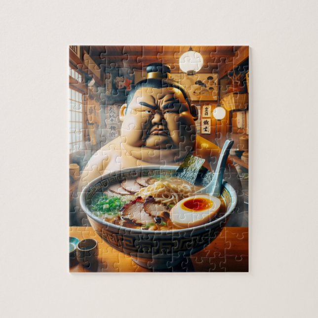 a sumo wrestler with serious eyes in front of a ra jigsaw puzzle (Vertical)