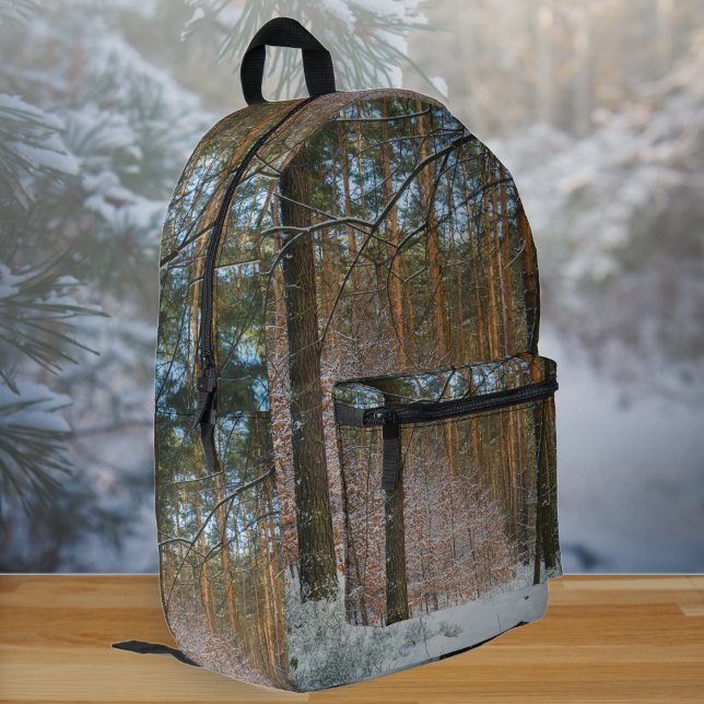 A sunny winter day in the pine forest printed backpack (Creator Uploaded)