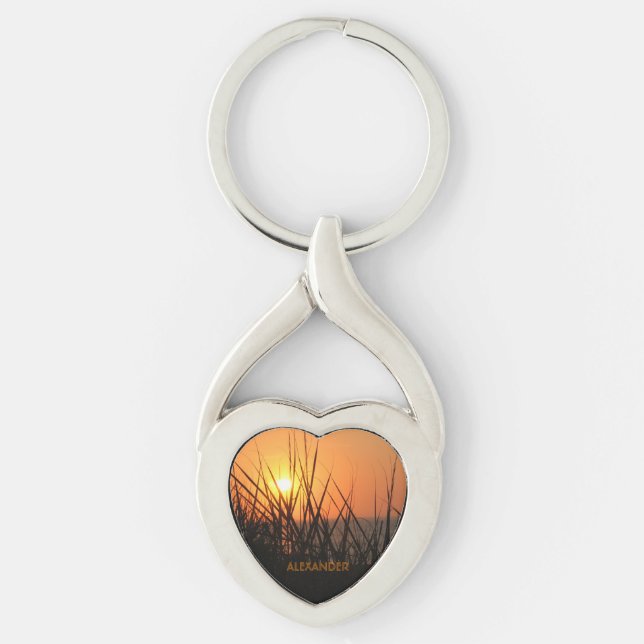 A Sunrise Silhouette Personalised Orange Black Key Ring (Front)
