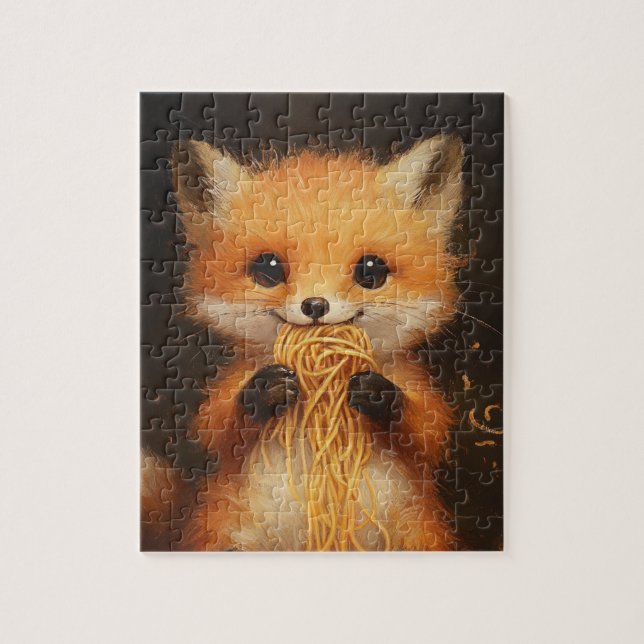 A super cute baby red fox eating spaghetti jigsaw puzzle (Vertical)