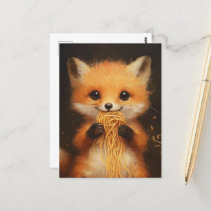 A super cute baby red fox eating spaghetti postcard