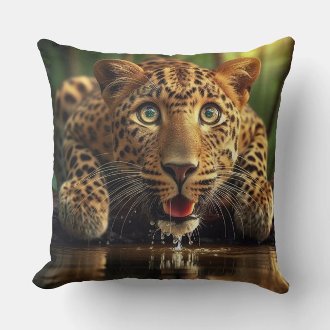 A Surprised Look on Leopard Caught Drinking Cushion (Front)