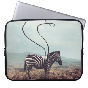 A surreal image of a zebra and two of its black st laptop sleeve