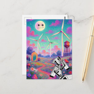 A surreal surveillance scene in a meadow postcard