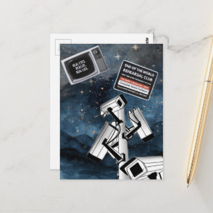 A surreal surveillance scene postcard