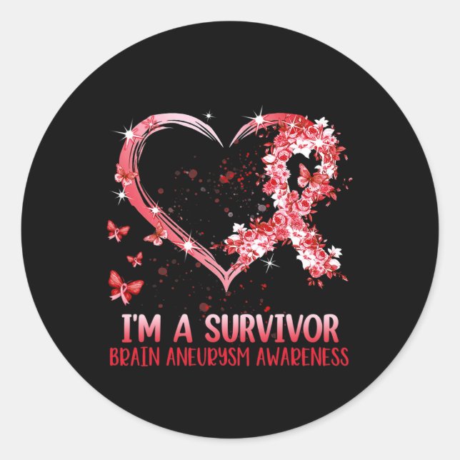 A Survivor Brain Aneurysm Awareness Burgundy Heart Classic Round Sticker (Front)