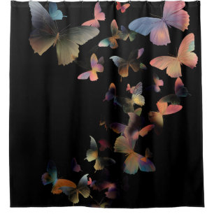 A Swarm of Butterflies - Pastel Rainbow on Black Shower Curtain