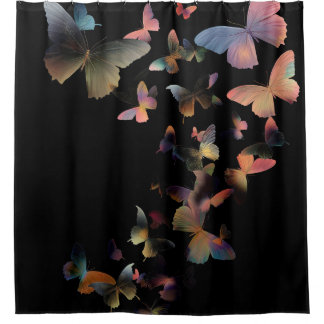 A Swarm of Butterflies - Pastel Rainbow on Black Shower Curtain