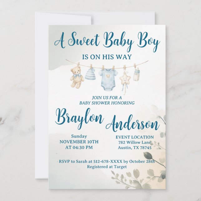 A Sweet Baby Boy is on his way Baby Shower Invitation (Front)