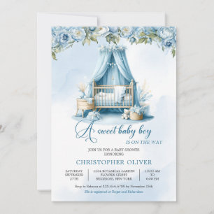 A sweet baby boy is on the way baby crib floral invitation