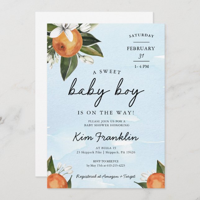 A Sweet Baby Boy is on the Way Clementine Orange Invitation (Front/Back)