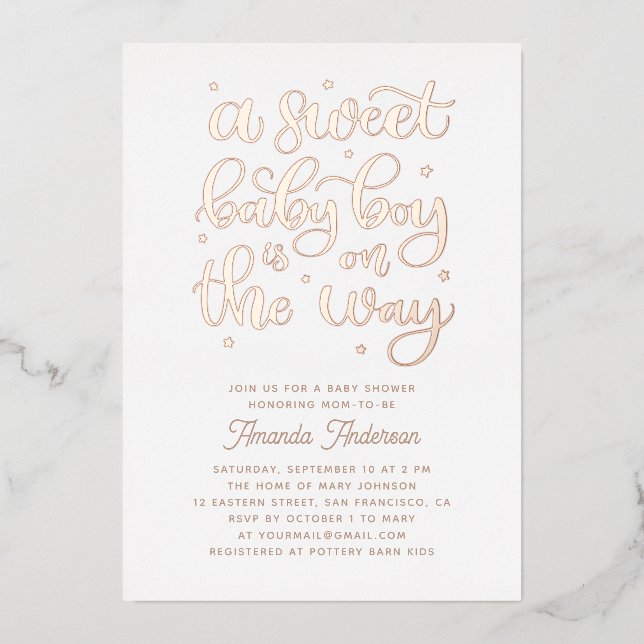 A sweet baby boy is on the way. Gold baby shower (Front)
