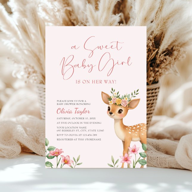 A Sweet Baby Girl Floral Deer Baby Shower Invitation (Creator Uploaded)