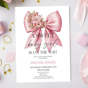 A Sweet Baby Girl Pink Floral Bow Baby Shower Invitation