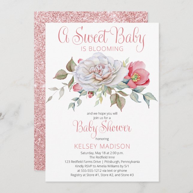 A Sweet Baby Is Blooming Pink Girl Baby Shower Invitation (Front/Back)