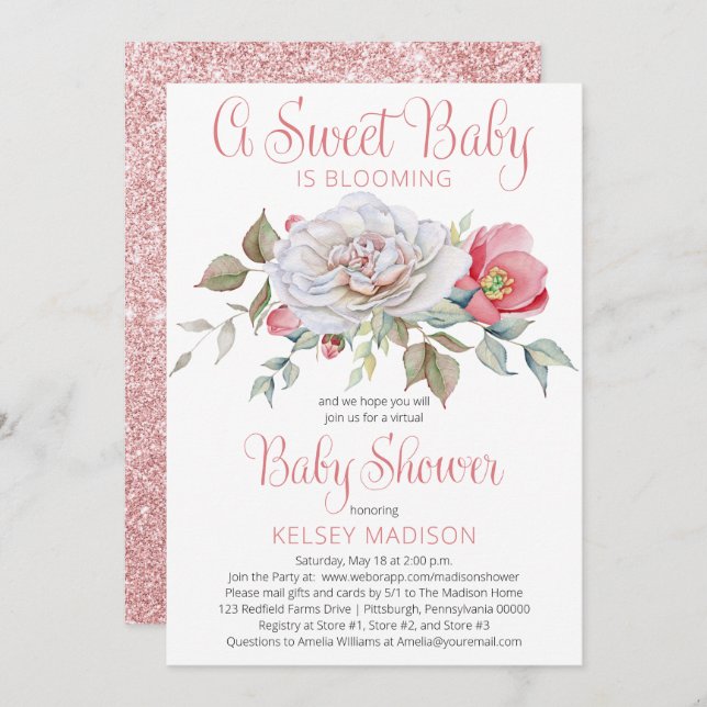 A Sweet Baby Is Blooming Pink Virtual Baby Shower Invitation (Front/Back)