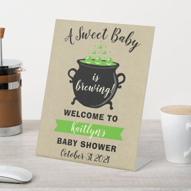 A Sweet Baby Is Brewing Halloween Baby Shower Pedestal Sign (In SItu)