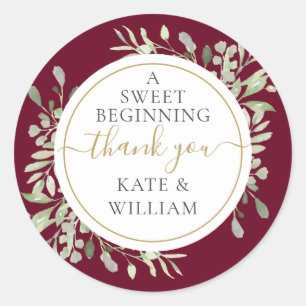 A Sweet Beginning Greenery Burgundy Wedding Classic Round Sticker