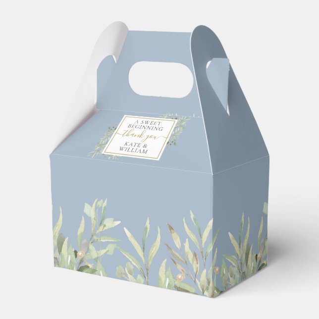 A Sweet Beginning Greenery Dusty Blue Wedding Favour Box (Front Side)